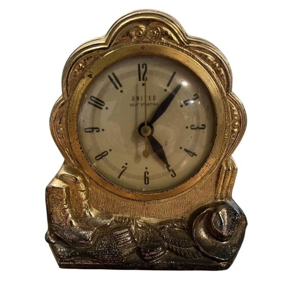 United Self Starting Book Case‎ Clock, Working, Brass Tone, Cowboy Clock - Picture 1 of 4